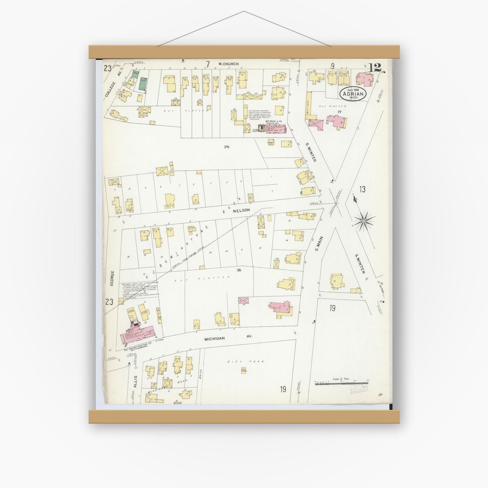 Old map wall art mockup — magnetic wood frame on white wall — Sanborn Fire Insurance Map from Adrian, Lenawee County, Michigan (1908), Sheet #0012