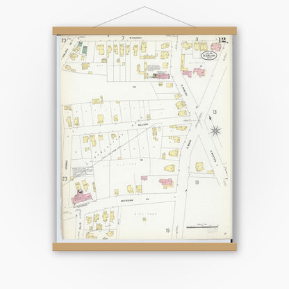 Old map wall art mockup — magnetic wood frame on white wall — Sanborn Fire Insurance Map from Adrian, Lenawee County, Michigan (1908), Sheet #0012