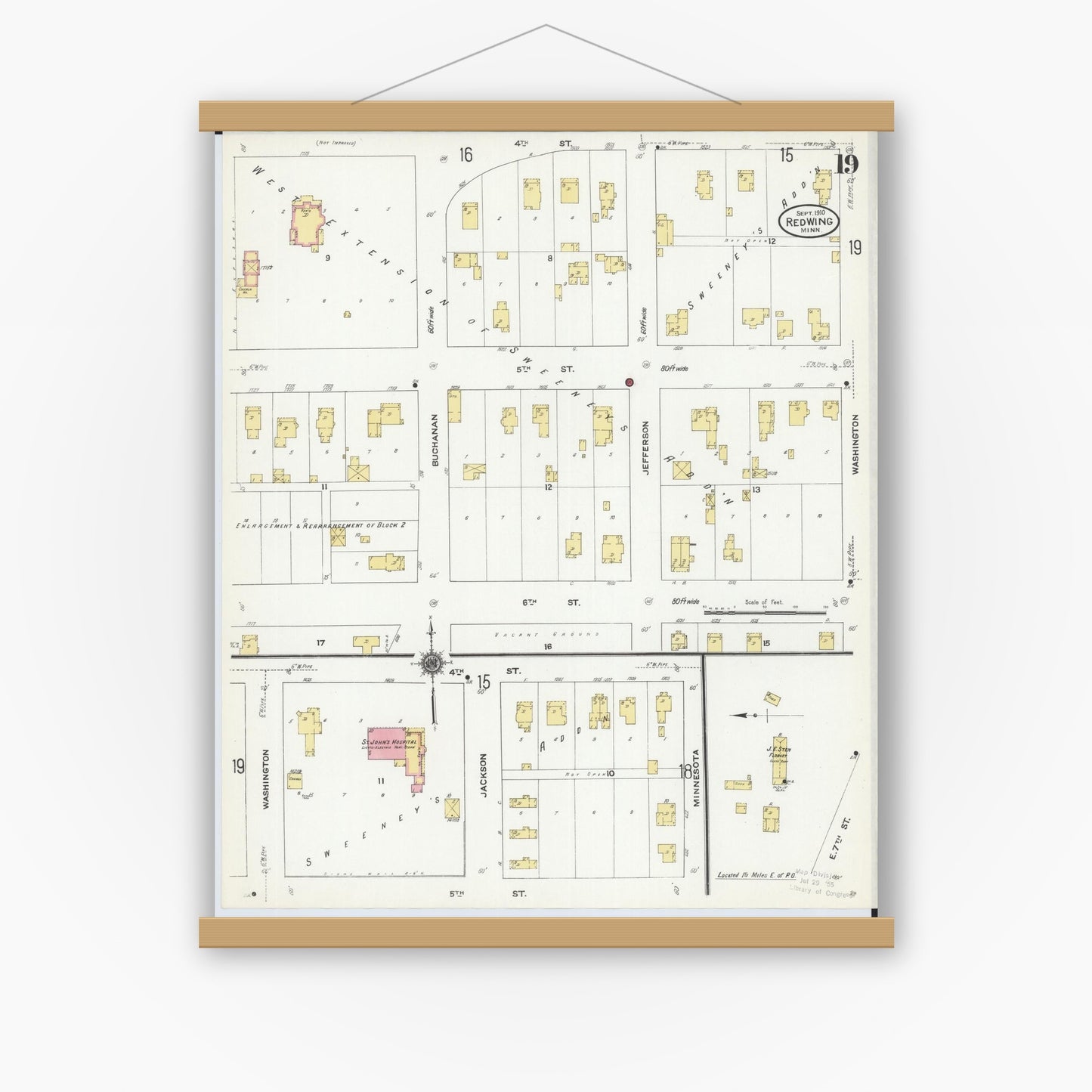 Old map wall art mockup — magnetic wood frame on white wall — Sanborn Fire Insurance Map from Red Wing, Goodhue County, Minnesota (1910), Sheet #0019