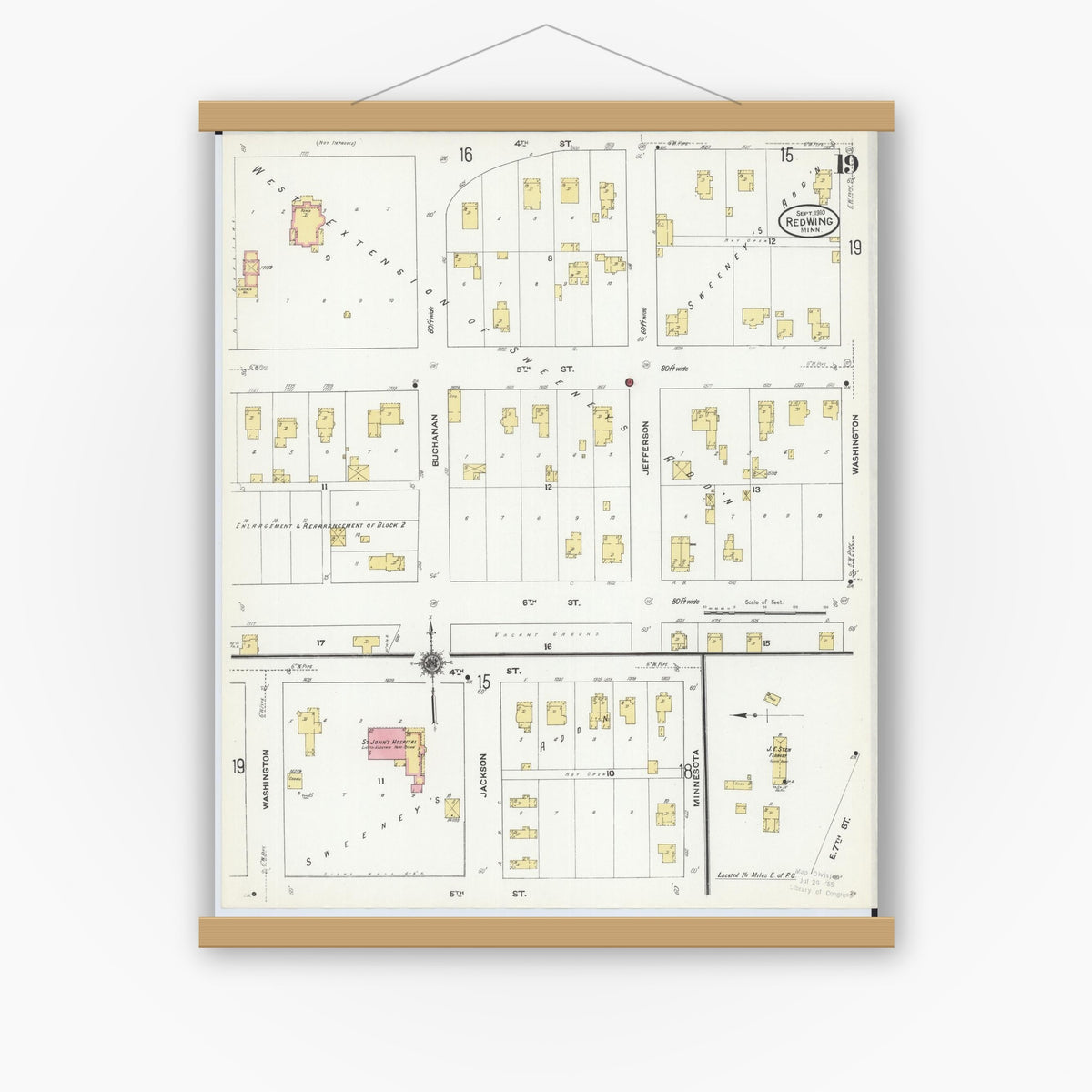 Old map wall art mockup — magnetic wood frame on white wall — Sanborn Fire Insurance Map from Red Wing, Goodhue County, Minnesota (1910), Sheet #0019
