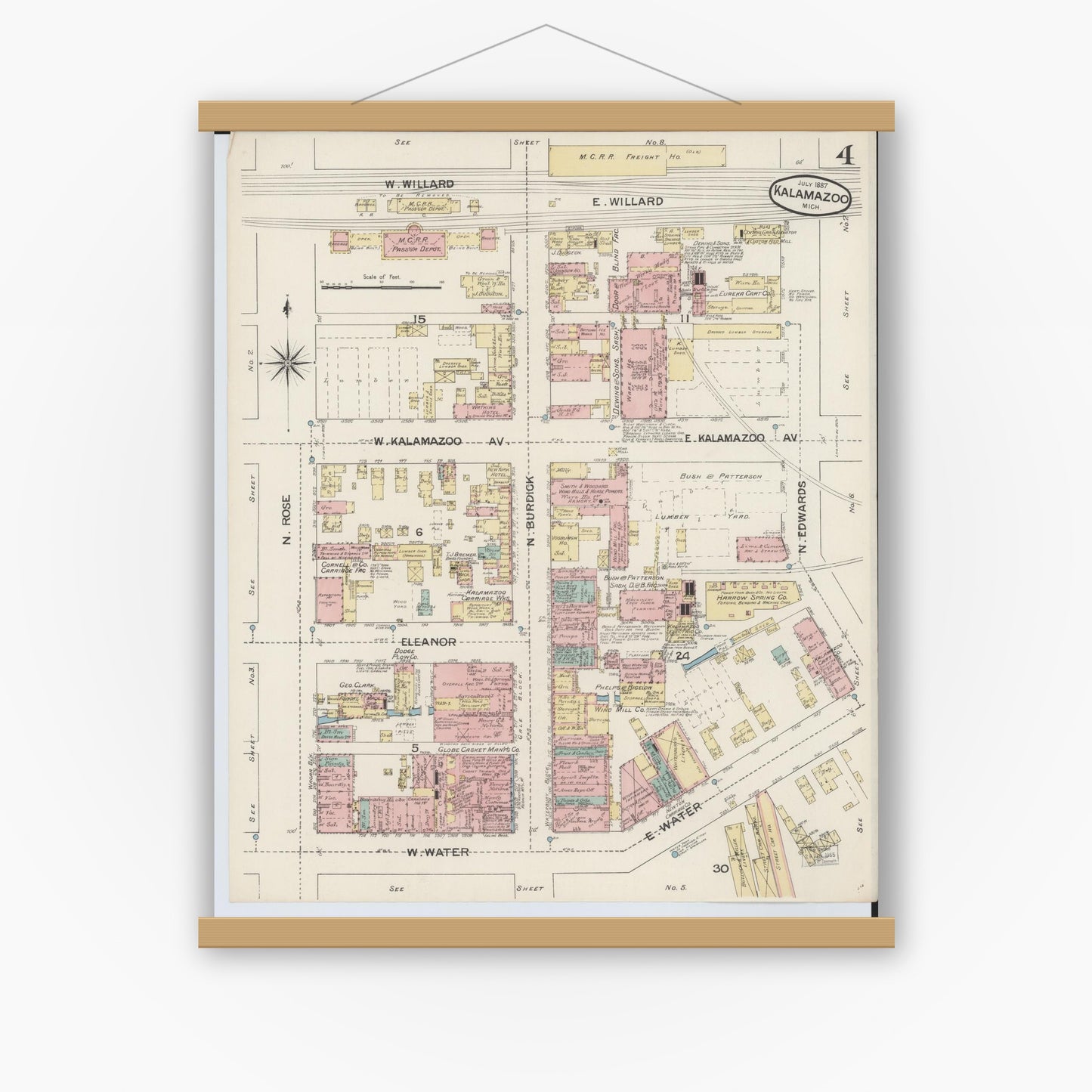 Old map wall art mockup — magnetic wood frame on white wall — Sanborn Fire Insurance Map from Kalamazoo, Kalamazoo County, Michigan (1887), Sheet #0004