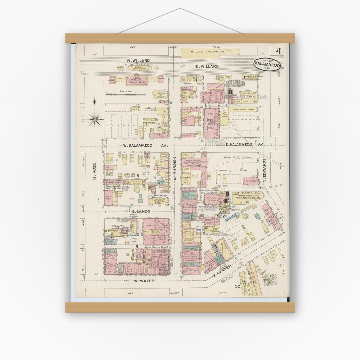 Old map wall art mockup — magnetic wood frame on white wall — Sanborn Fire Insurance Map from Kalamazoo, Kalamazoo County, Michigan (1887), Sheet #0004