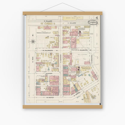 Old map wall art mockup — magnetic wood frame on white wall — Sanborn Fire Insurance Map from Kalamazoo, Kalamazoo County, Michigan (1887), Sheet #0004