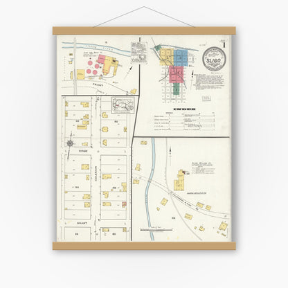 Old map wall art mockup — magnetic wood frame on white wall — Sanborn Fire Insurance Map from Sligo, Clarion County, Pennsylvania (1921) - Complete Map Set