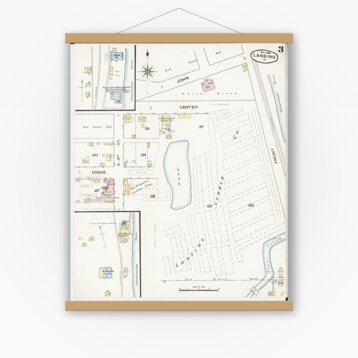 Old map wall art mockup — magnetic wood frame on white wall — Sanborn Fire Insurance Map from Lansing, Allamakee County, Iowa (1886), Sheet #0003