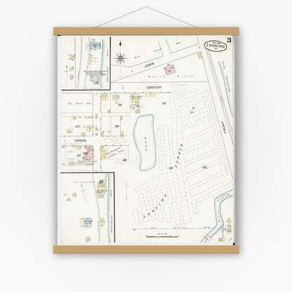 Old map wall art mockup — magnetic wood frame on white wall — Sanborn Fire Insurance Map from Lansing, Allamakee County, Iowa (1886), Sheet #0003