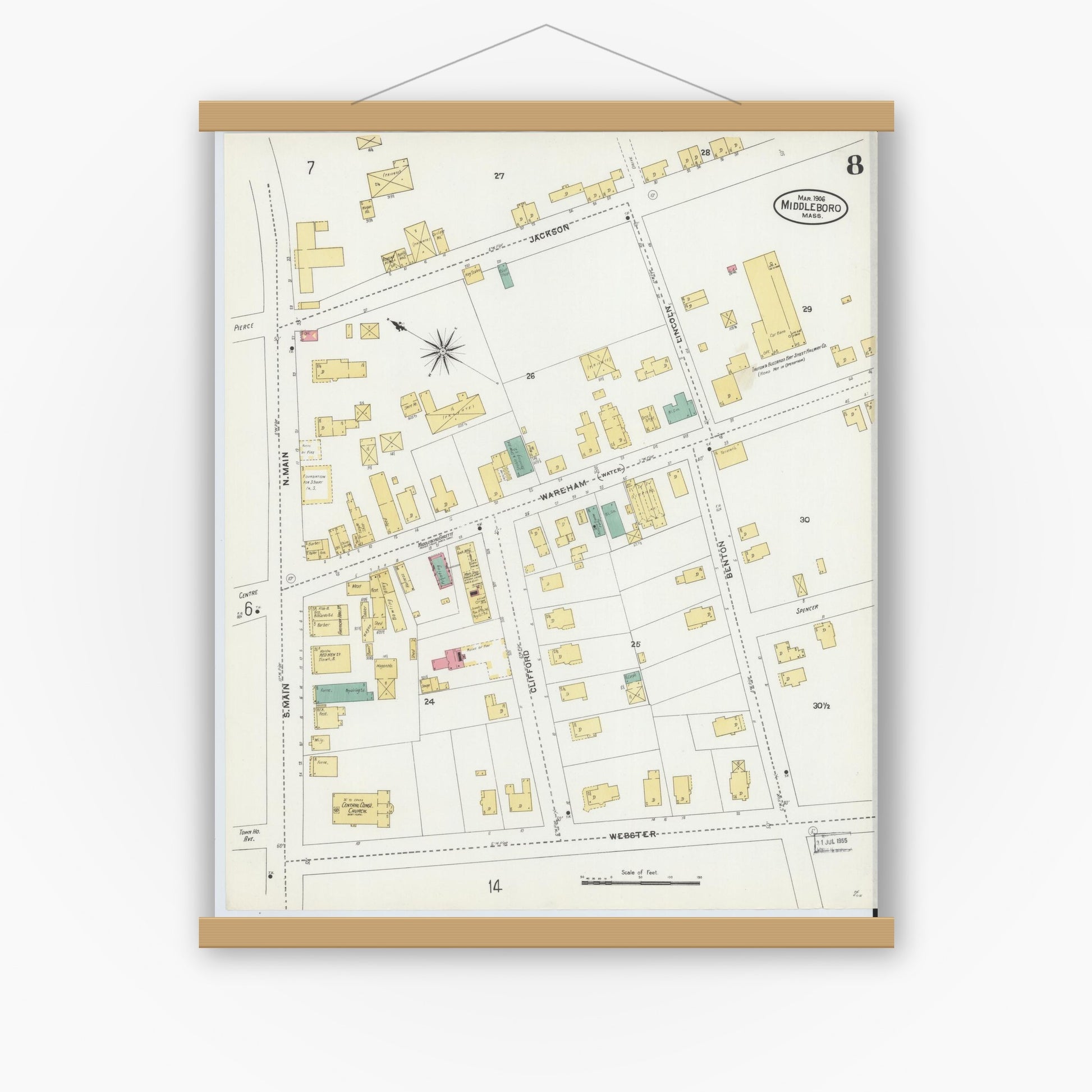 Old map wall art mockup — magnetic wood frame on white wall — Sanborn Fire Insurance Map from Middleboro, Plymouth County, Massachusetts (1906), Sheet #0008