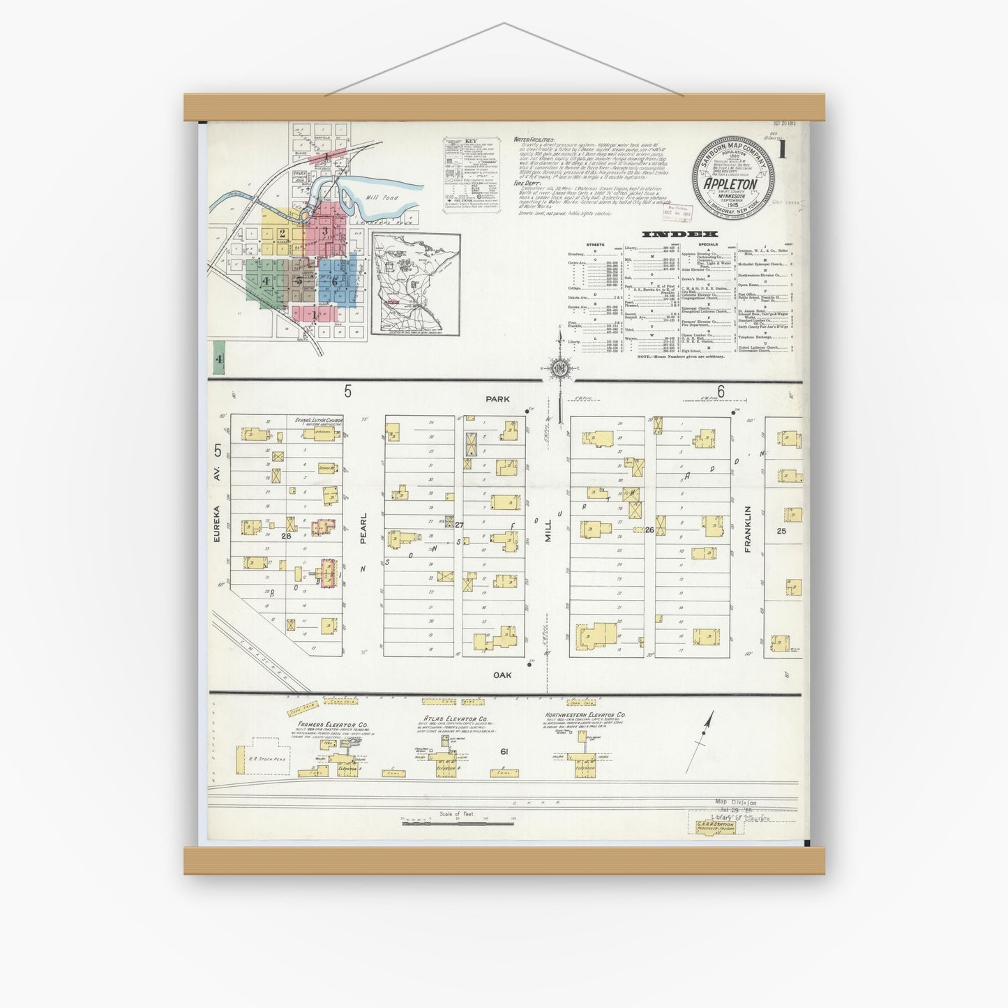 Old map wall art mockup — magnetic wood frame on white wall — Sanborn Fire Insurance Map from Appleton, Swift County, Minnesota (1915), Sheet #0001