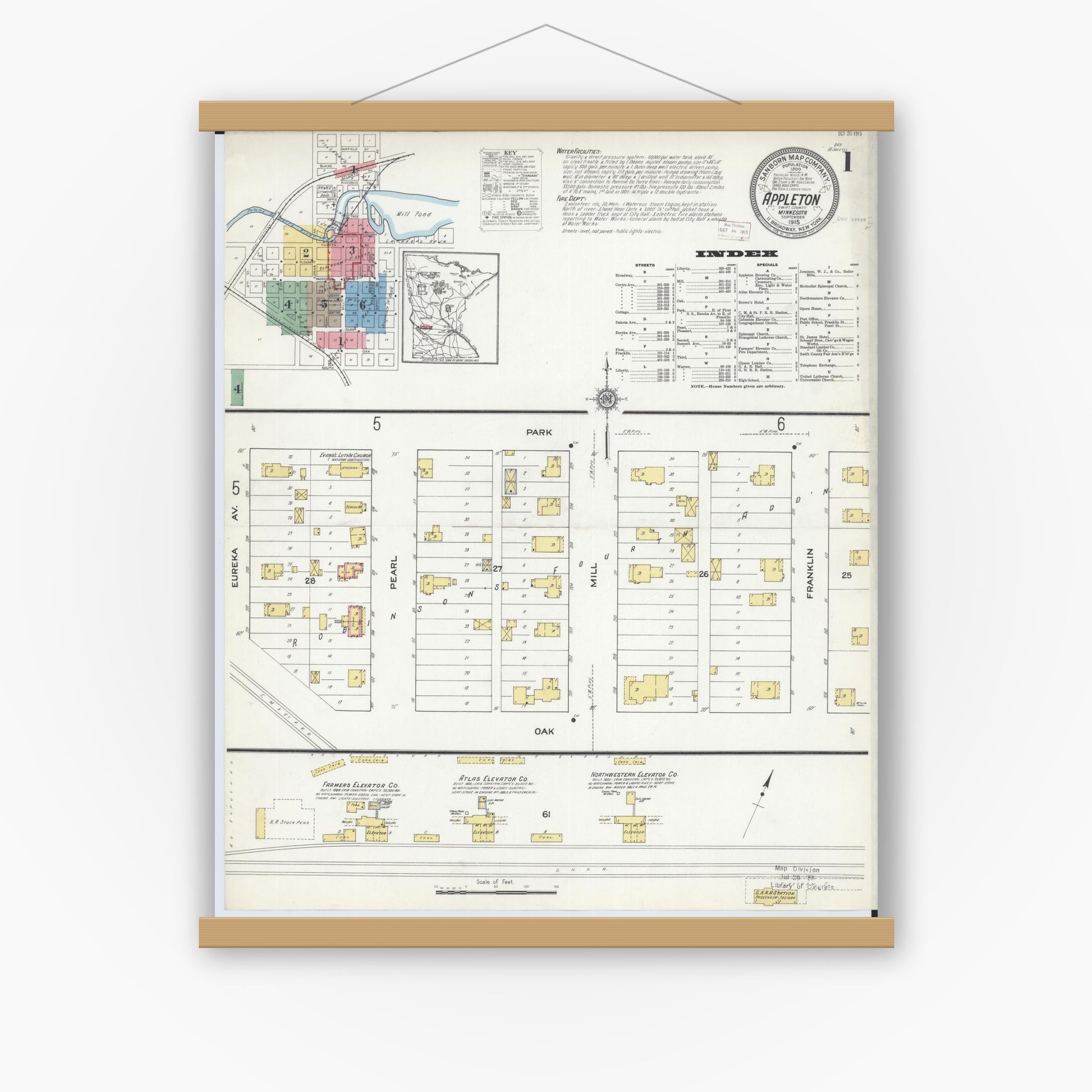 Old map wall art mockup — magnetic wood frame on white wall — Sanborn Fire Insurance Map from Appleton, Swift County, Minnesota (1915), Sheet #0001