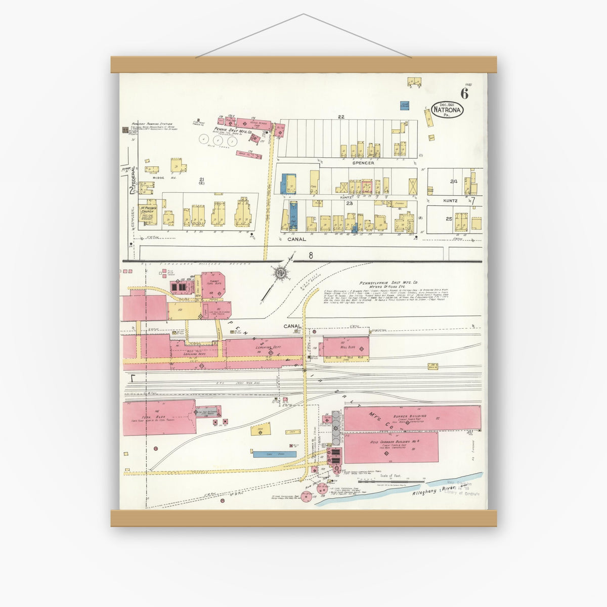 Old map wall art mockup — magnetic wood frame on white wall — Sanborn Fire Insurance Map from Natrona, Allegheny County, Pennsylvania (1921), Sheet #0006