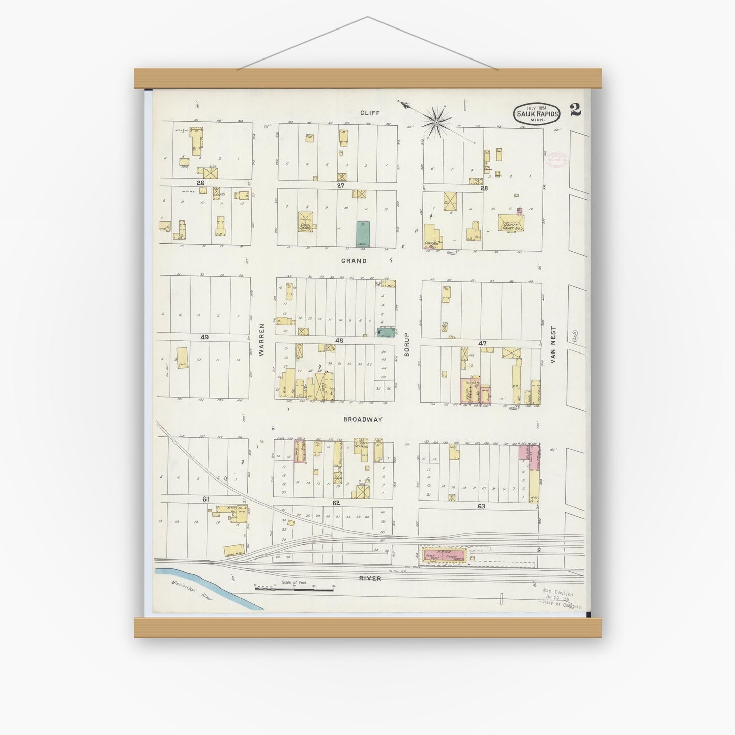 Old map wall art mockup — magnetic wood frame on white wall — Sanborn Fire Insurance Map from Sauk Rapids, Benton County, Minnesota (1894), Sheet #0002