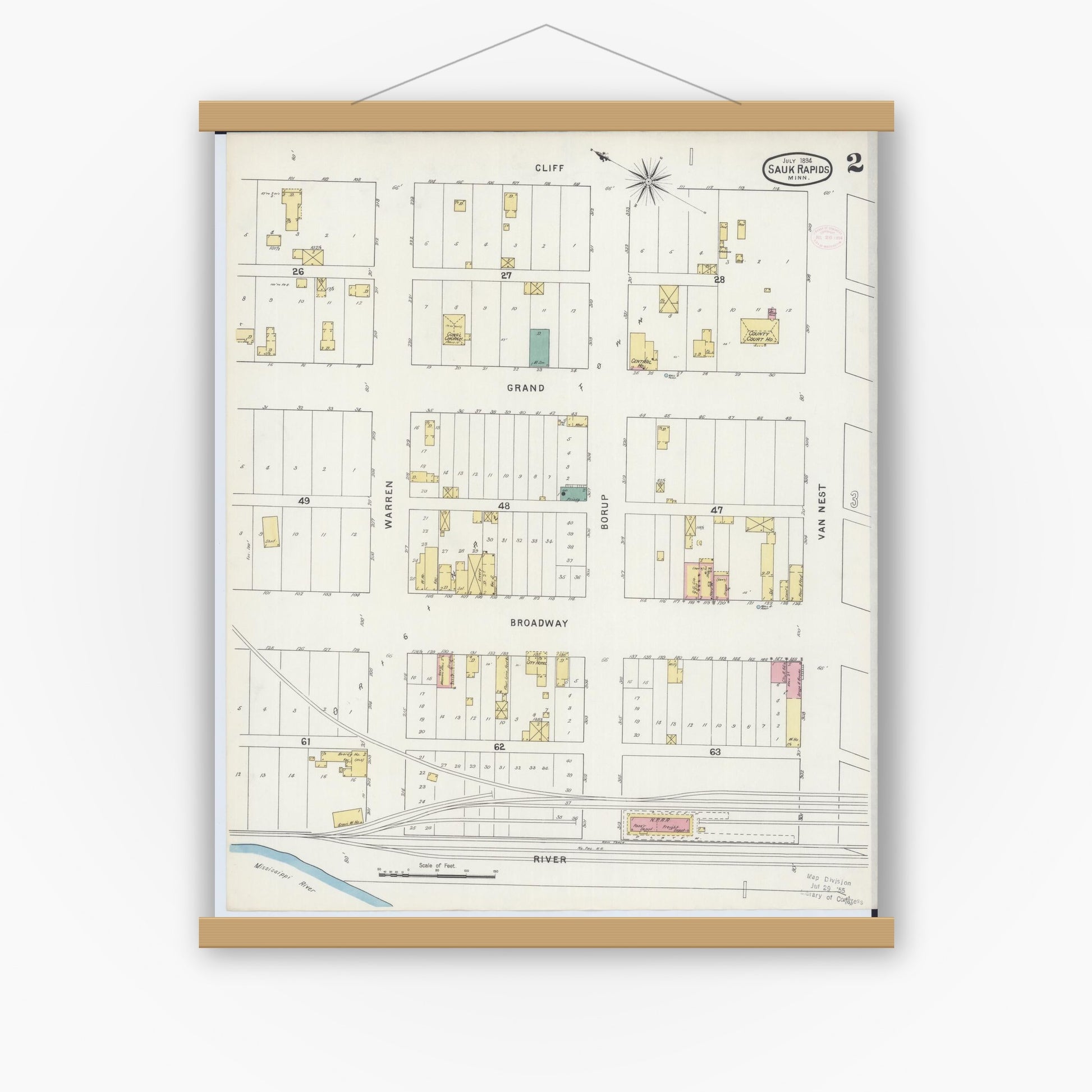 Old map wall art mockup — magnetic wood frame on white wall — Sanborn Fire Insurance Map from Sauk Rapids, Benton County, Minnesota (1894), Sheet #0002