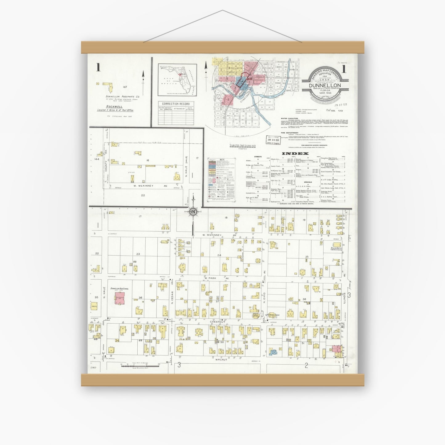 Old map wall art mockup — magnetic wood frame on white wall — Sanborn Fire Insurance Map from Dunnellon, Marion County, Florida (1933), Sheet #0001