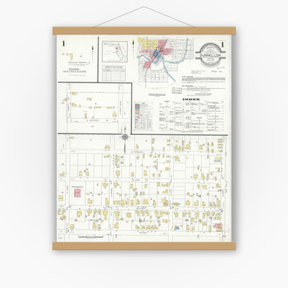 Old map wall art mockup — magnetic wood frame on white wall — Sanborn Fire Insurance Map from Dunnellon, Marion County, Florida (1933), Sheet #0001