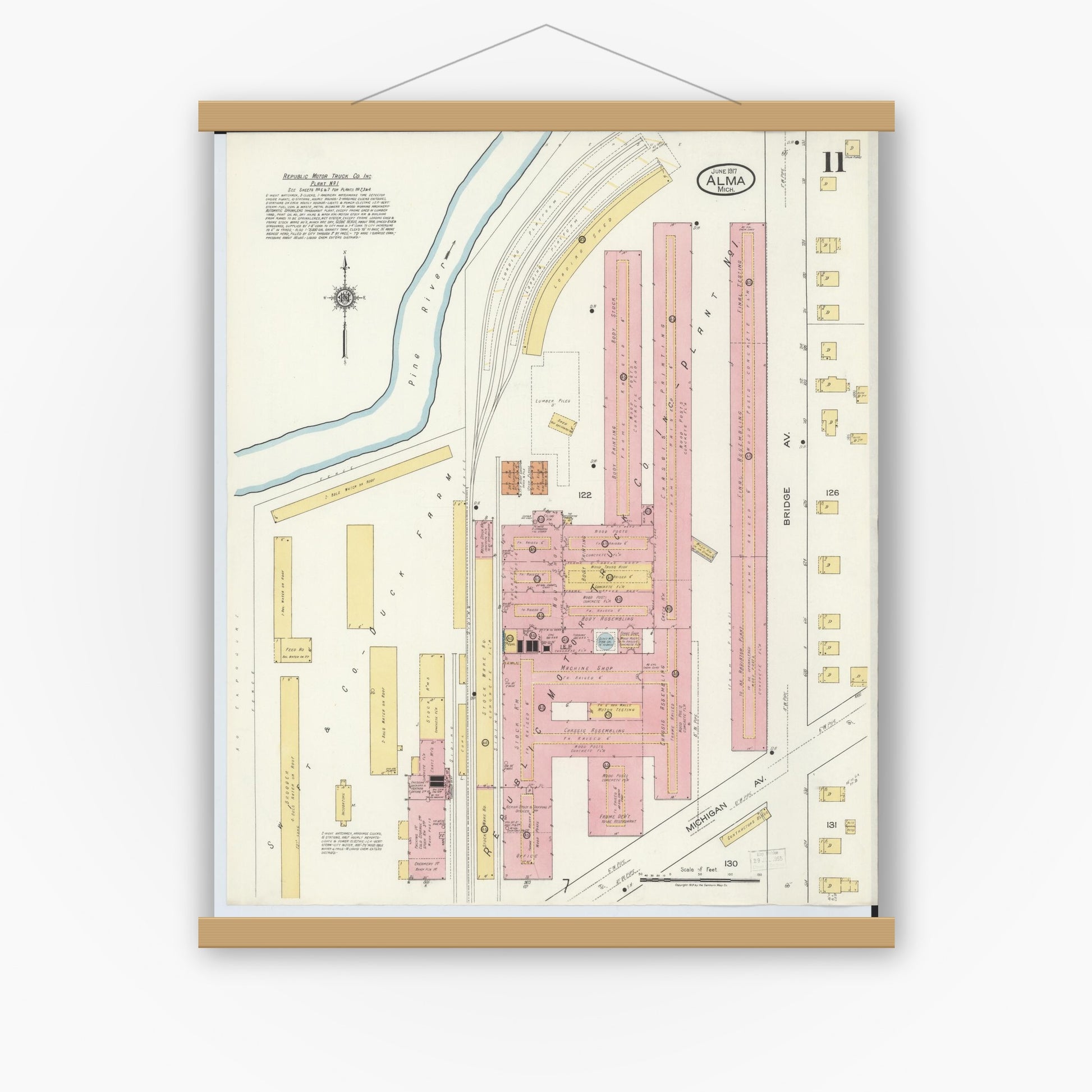Old map wall art mockup — magnetic wood frame on white wall — Sanborn Fire Insurance Map from Alma, Gratiot County, Michigan (1917), Sheet #0011