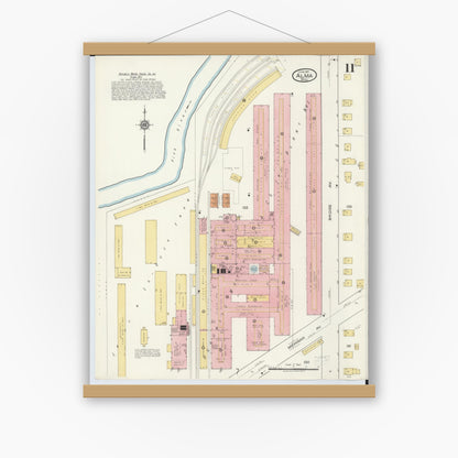 Old map wall art mockup — magnetic wood frame on white wall — Sanborn Fire Insurance Map from Alma, Gratiot County, Michigan (1917), Sheet #0011