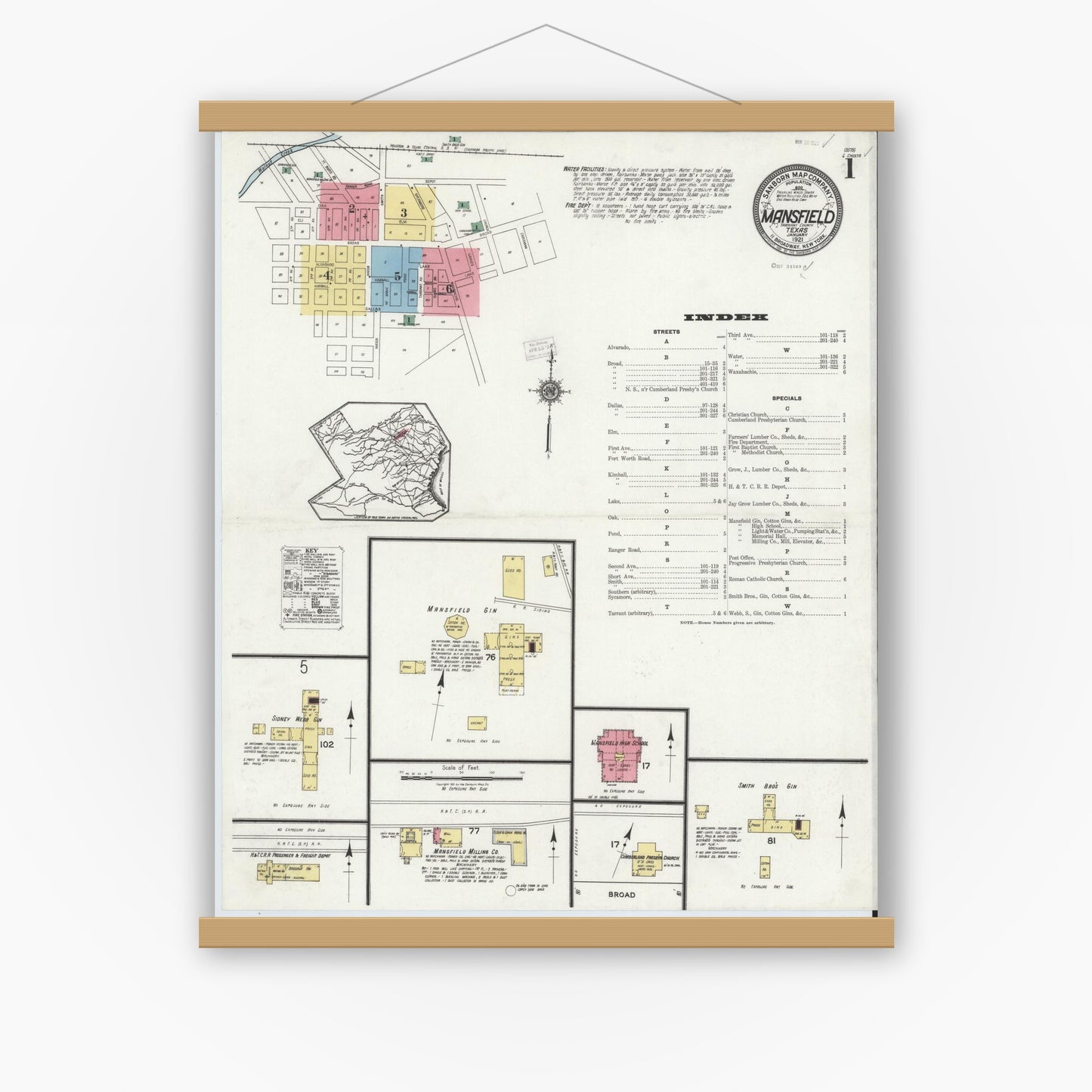 Old map wall art mockup — magnetic wood frame on white wall — Sanborn Fire Insurance Map from Mansfield, Tarrant County, Texas (1921), Sheet #0001