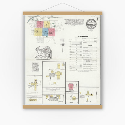 Old map wall art mockup — magnetic wood frame on white wall — Sanborn Fire Insurance Map from Mansfield, Tarrant County, Texas (1921), Sheet #0001