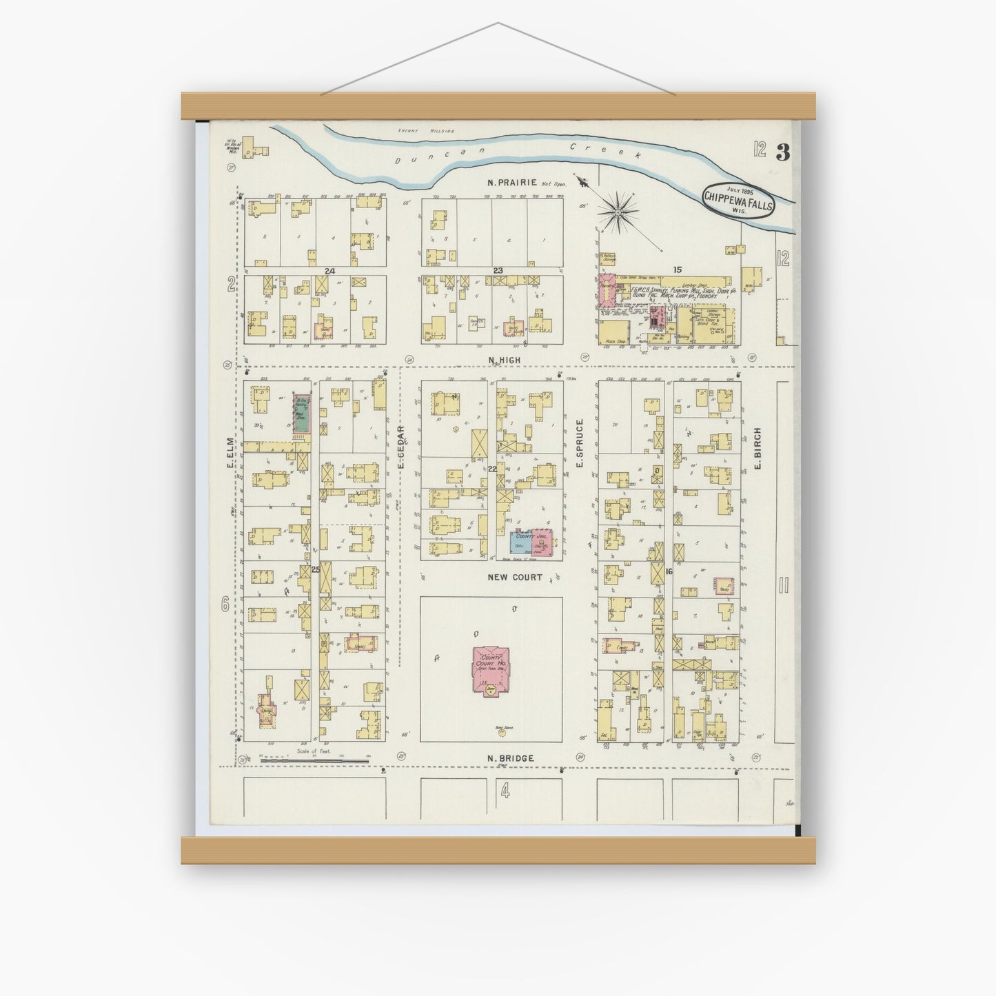 Old map wall art mockup — magnetic wood frame on white wall — Sanborn Fire Insurance Map from Chippewa Falls, Chippewa County, Wisconsin (1895), Sheet #0003