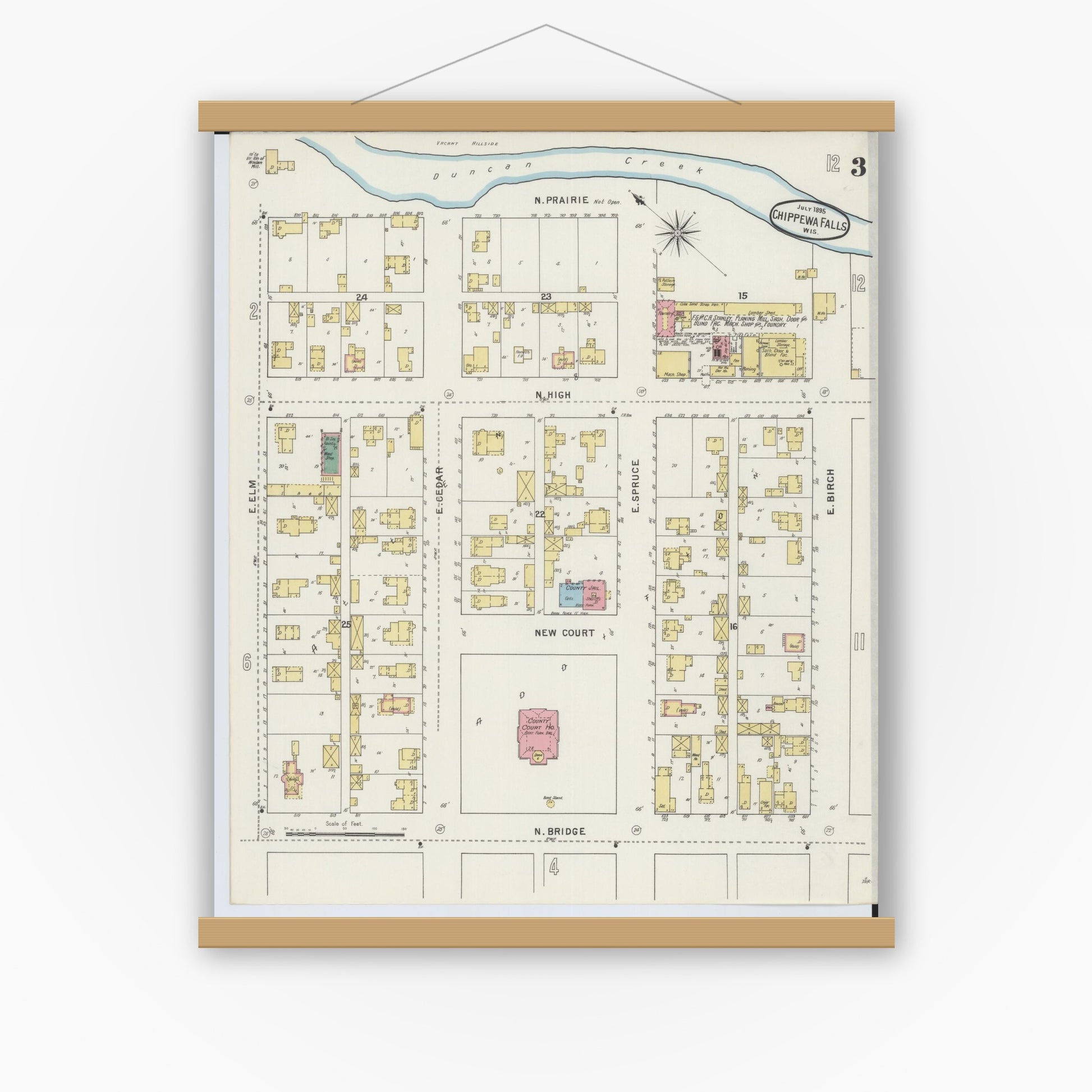 Old map wall art mockup — magnetic wood frame on white wall — Sanborn Fire Insurance Map from Chippewa Falls, Chippewa County, Wisconsin (1895), Sheet #0003