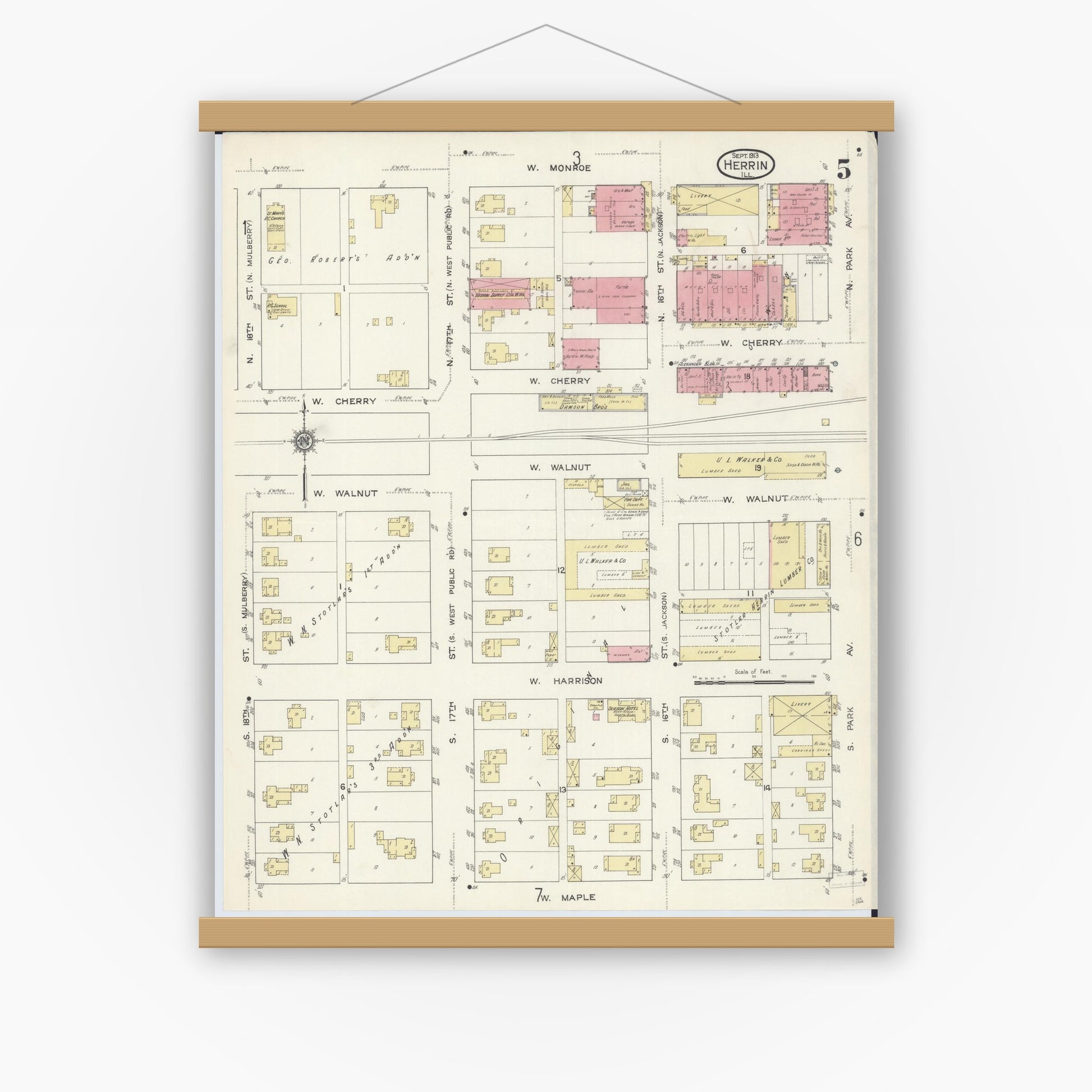 Old map wall art mockup — magnetic wood frame on white wall — Sanborn Fire Insurance Map from Herrin, Williamson County, Illinois (1913), Sheet #0005
