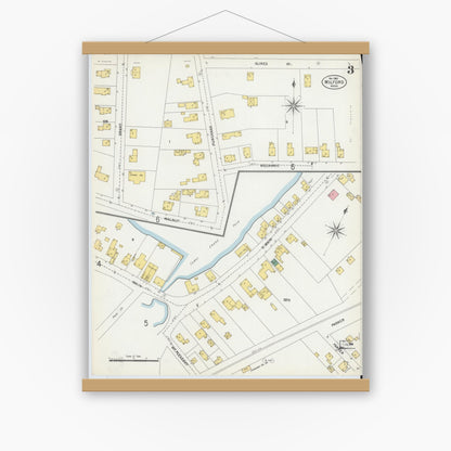 Old map wall art mockup — magnetic wood frame on white wall — Sanborn Fire Insurance Map from Milford, Worcester County, Massachusetts (1903), Sheet #0003