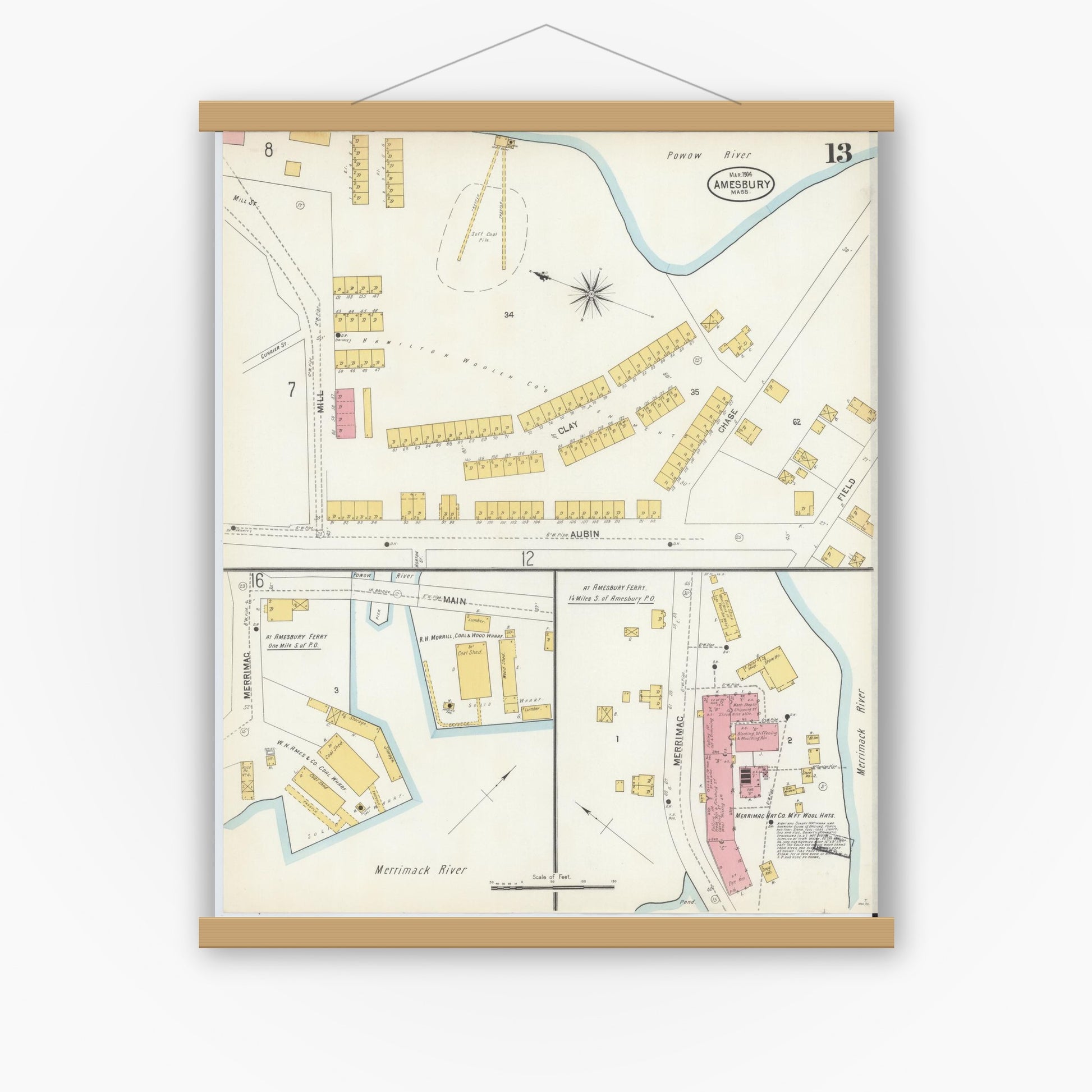 Old map wall art mockup — magnetic wood frame on white wall — Sanborn Fire Insurance Map from Amesbury, Essex County, Massachusetts (1904), Sheet #0013