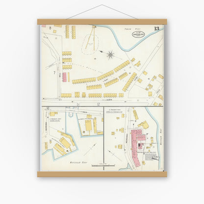 Old map wall art mockup — magnetic wood frame on white wall — Sanborn Fire Insurance Map from Amesbury, Essex County, Massachusetts (1904), Sheet #0013