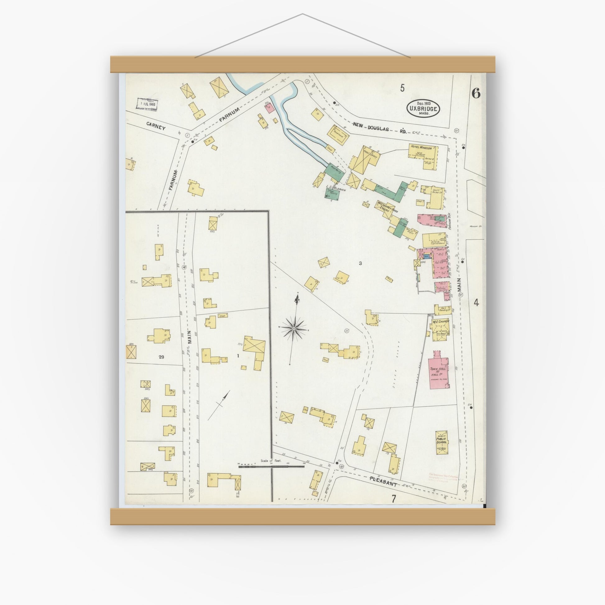 Old map wall art mockup — magnetic wood frame on white wall — Sanborn Fire Insurance Map from Uxbridge, Worcester County, Massachusetts (1903), Sheet #0006