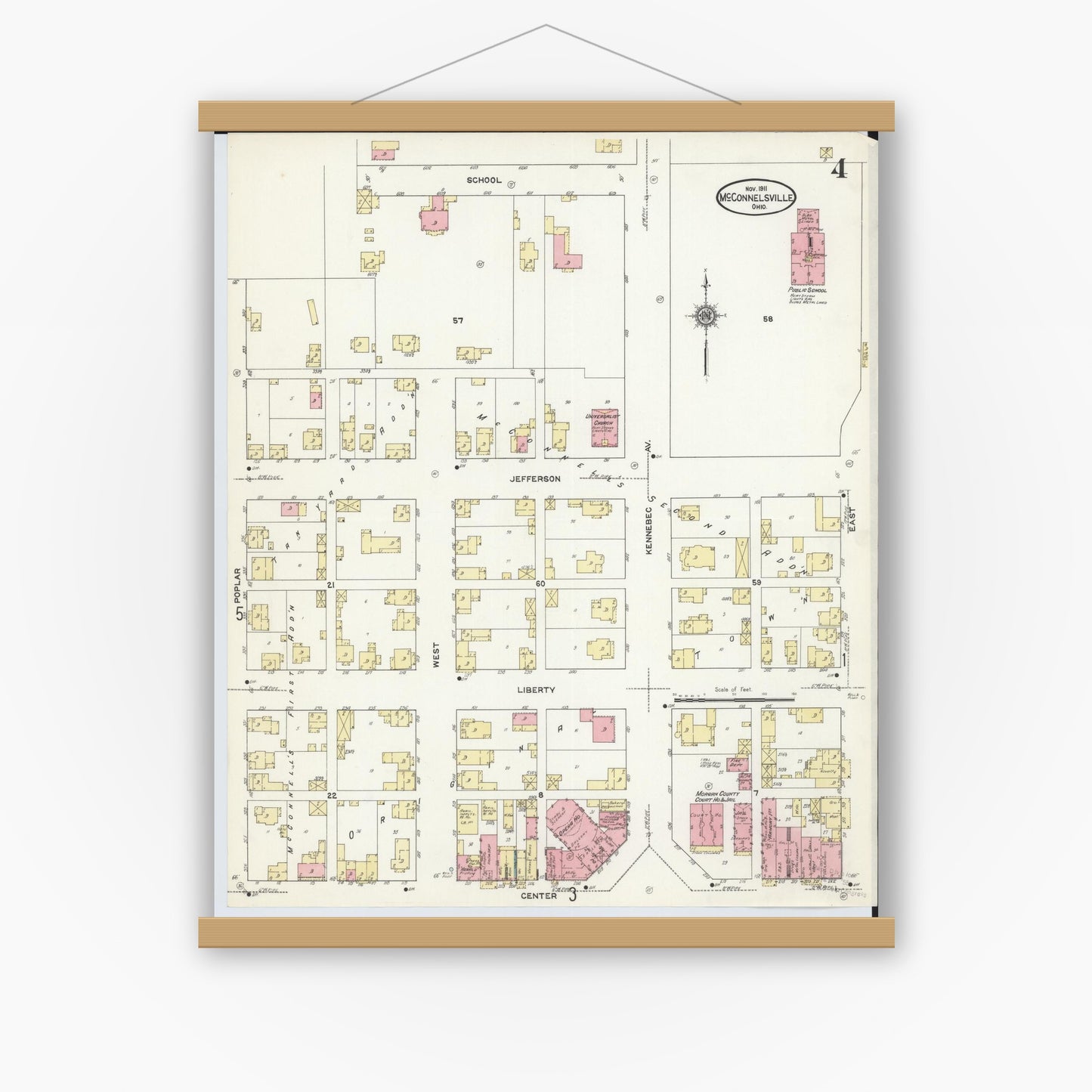 Old map wall art mockup — magnetic wood frame on white wall — Sanborn Fire Insurance Map from McConnelsville, Morgan County, Ohio (1911), Sheet #0004