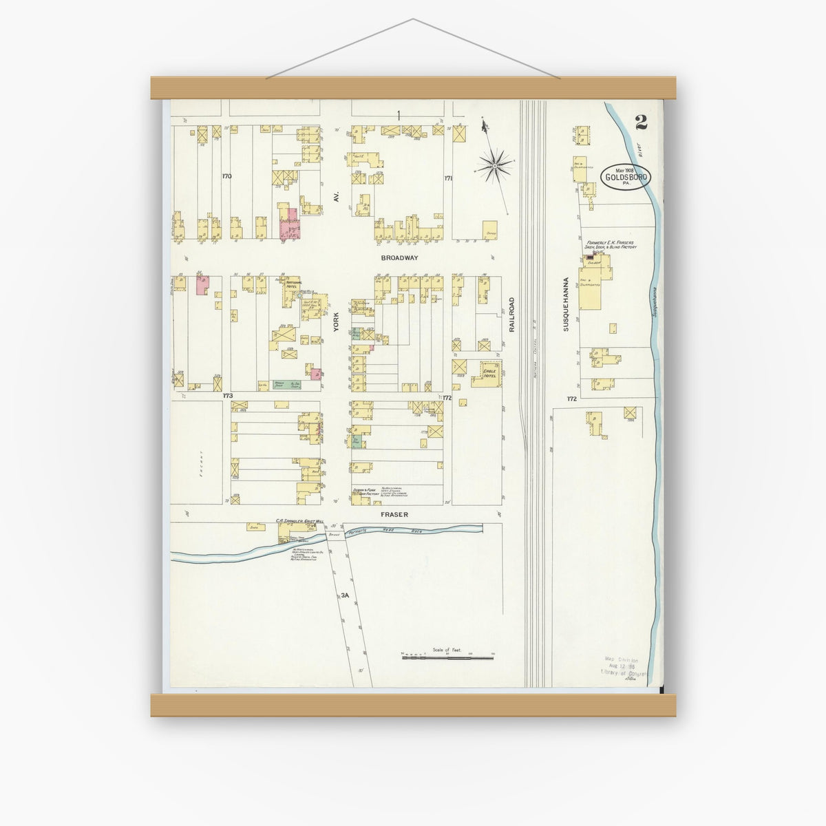 Old map wall art mockup — magnetic wood frame on white wall — Sanborn Fire Insurance Map from Goldsboro, York County, Pennsylvania (1908), Sheet #0002