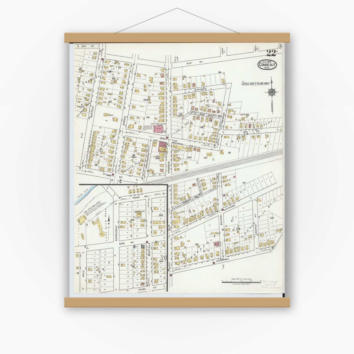 Old map wall art mockup — magnetic wood frame on white wall — Sanborn Fire Insurance Map from Conneaut, Ashtabula County, Ohio (1919), Sheet #0022