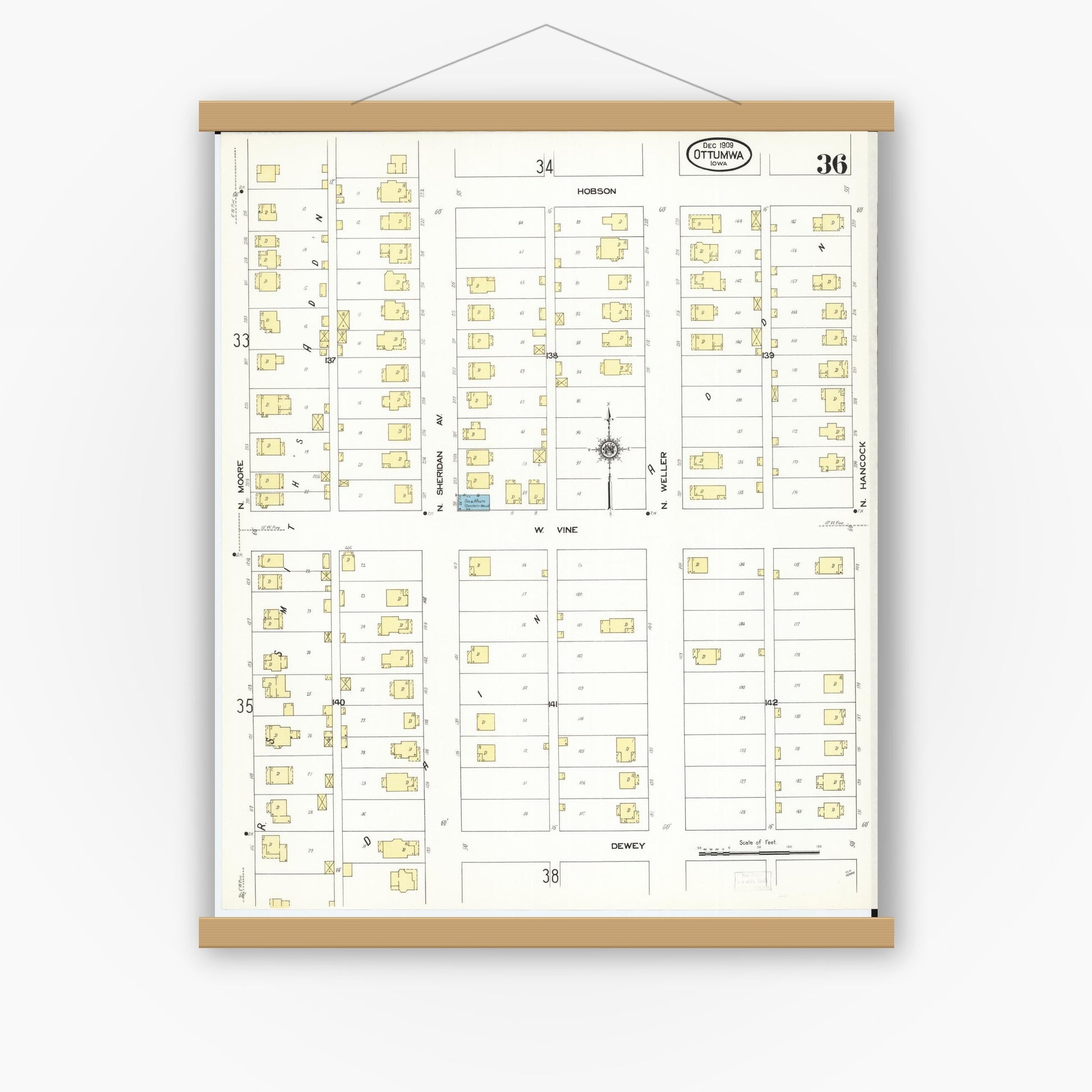 Old map wall art mockup — magnetic wood frame on white wall — Sanborn Fire Insurance Map from Ottumwa, Wapello County, Iowa (1909), Sheet #0036