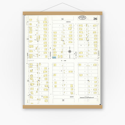 Old map wall art mockup — magnetic wood frame on white wall — Sanborn Fire Insurance Map from Ottumwa, Wapello County, Iowa (1909), Sheet #0036