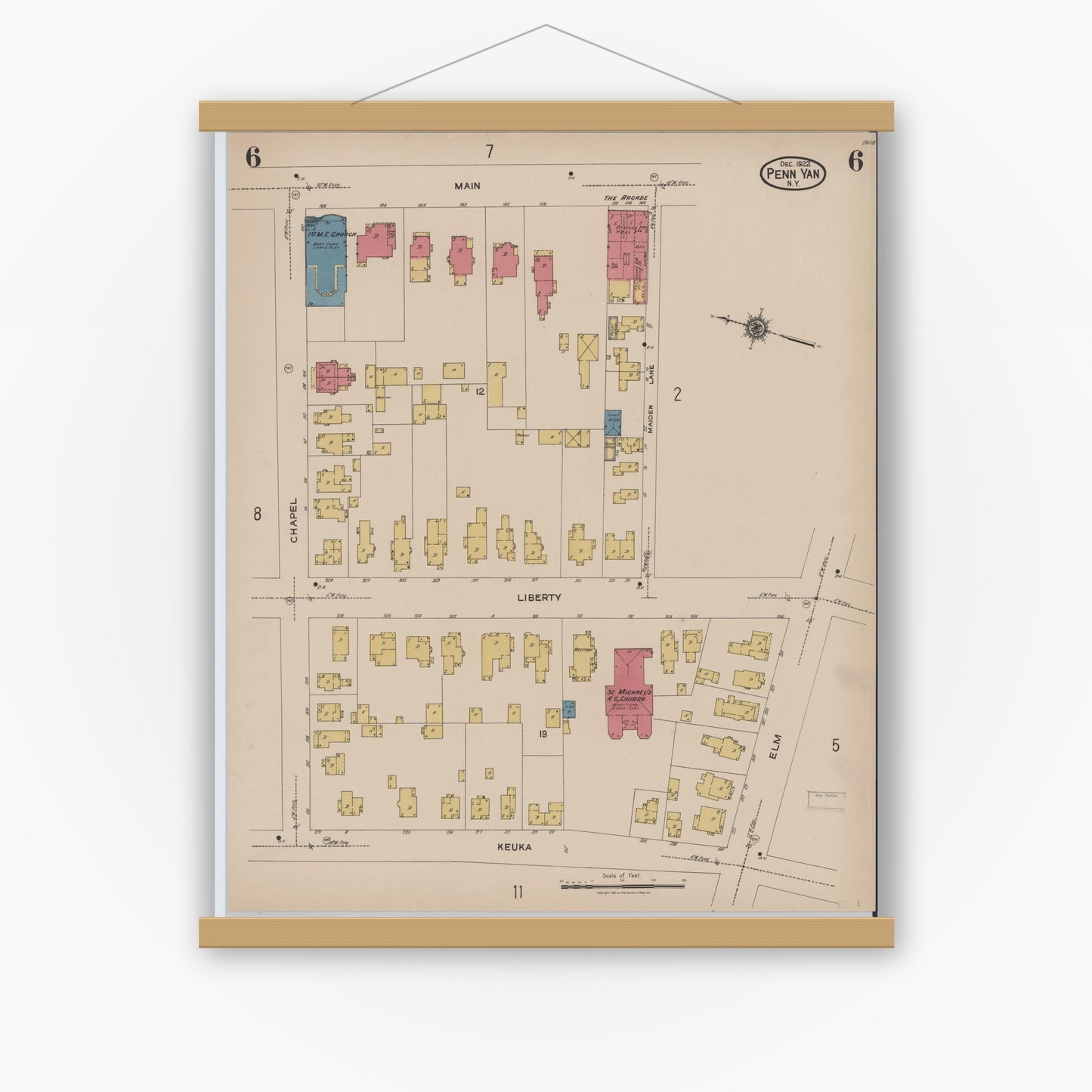 Old map wall art mockup — magnetic wood frame on white wall — Sanborn Fire Insurance Map from Penn Yan, Yates County, New York (1922), Sheet #0006