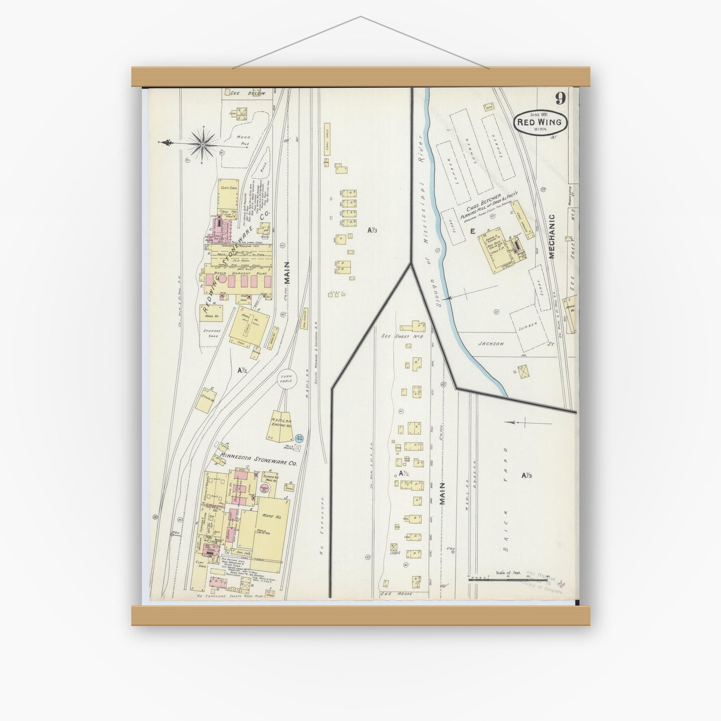 Old map wall art mockup — magnetic wood frame on white wall — Sanborn Fire Insurance Map from Red Wing, Goodhue County, Minnesota (1891), Sheet #0009