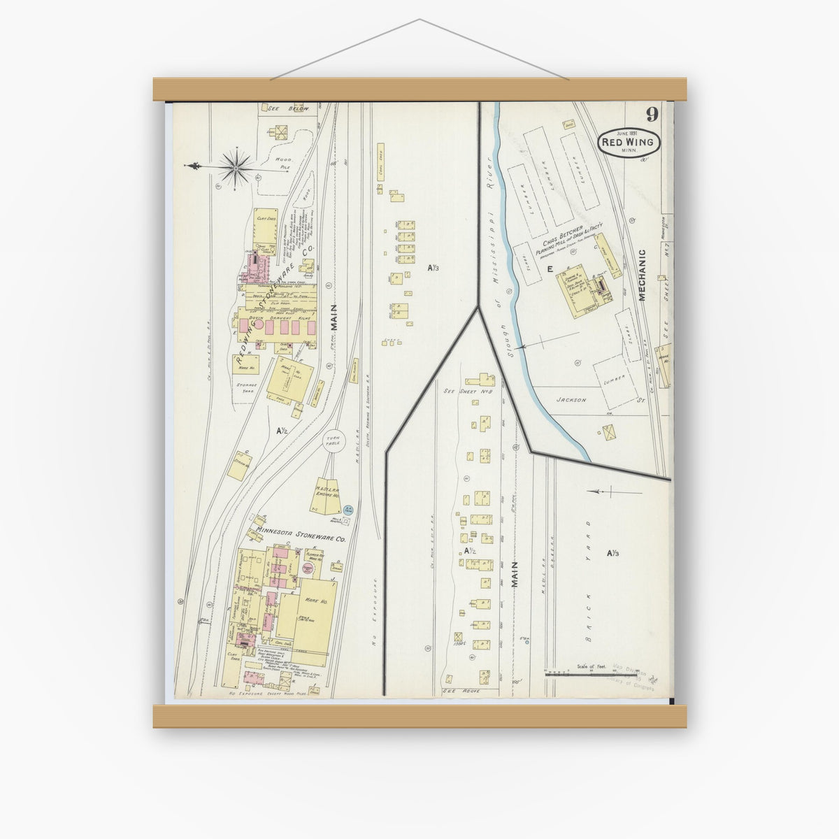 Old map wall art mockup — magnetic wood frame on white wall — Sanborn Fire Insurance Map from Red Wing, Goodhue County, Minnesota (1891), Sheet #0009