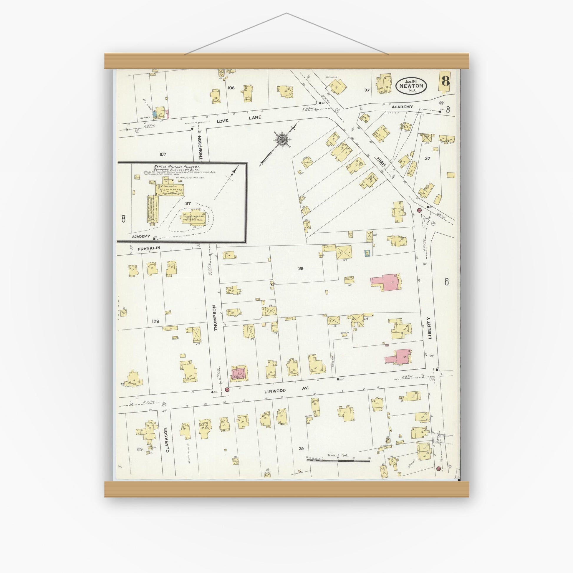 Old map wall art mockup — magnetic wood frame on white wall — Sanborn Fire Insurance Map from Newton, Sussex County, New Jersey (1911), Sheet #0008