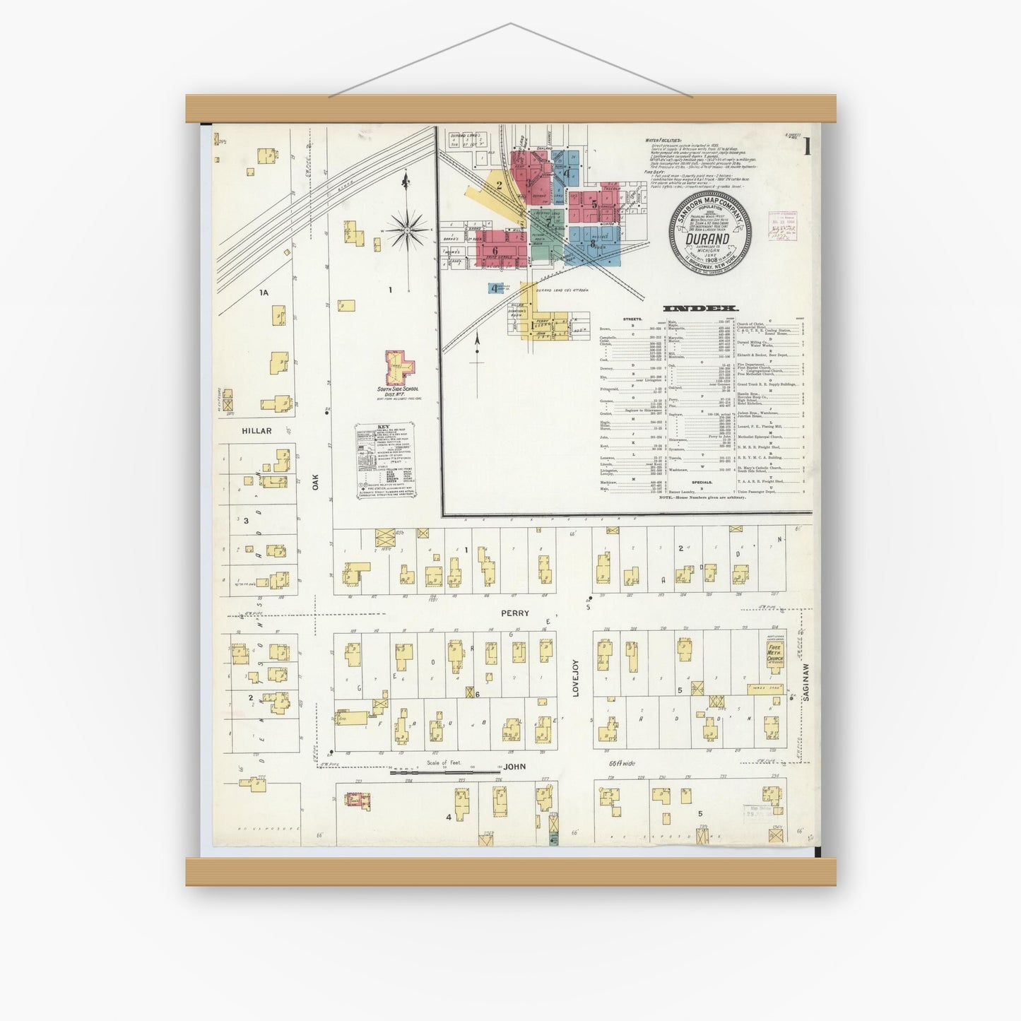 Old map wall art mockup — magnetic wood frame on white wall — Sanborn Fire Insurance Map from Durand, Shiawassee County, Michigan (1908) - Complete Map Set