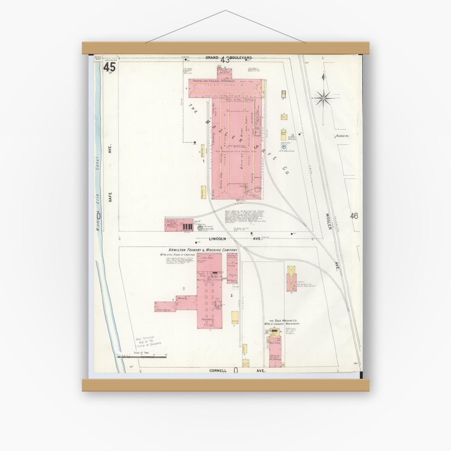 Old map wall art mockup — magnetic wood frame on white wall — Sanborn Fire Insurance Map from Hamilton, Butler County, Ohio (1899), Sheet #0045