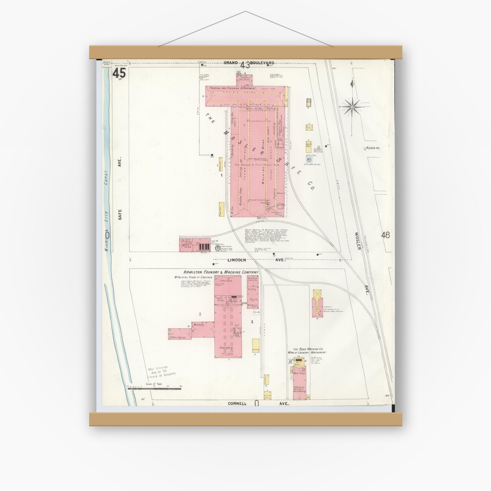Old map wall art mockup — magnetic wood frame on white wall — Sanborn Fire Insurance Map from Hamilton, Butler County, Ohio (1899), Sheet #0045