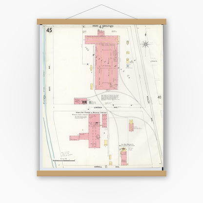 Old map wall art mockup — magnetic wood frame on white wall — Sanborn Fire Insurance Map from Hamilton, Butler County, Ohio (1899), Sheet #0045