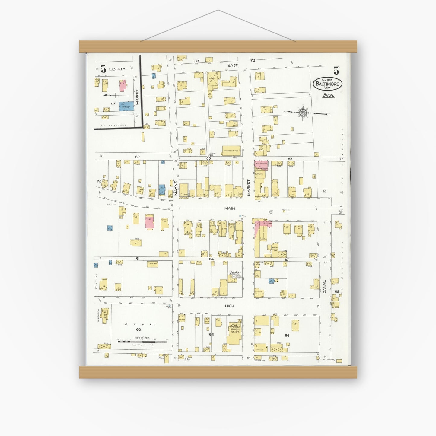 Old map wall art mockup — magnetic wood frame on white wall — Sanborn Fire Insurance Map from Baltimore, Fairfield County, Ohio (1926), Sheet #0005