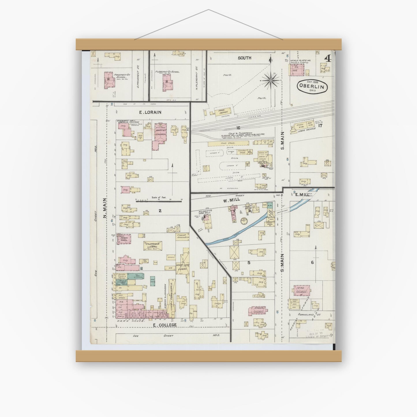Old map wall art mockup — magnetic wood frame on white wall — Sanborn Fire Insurance Map from Oberlin, Lorain County, Ohio (1888), Sheet #0004