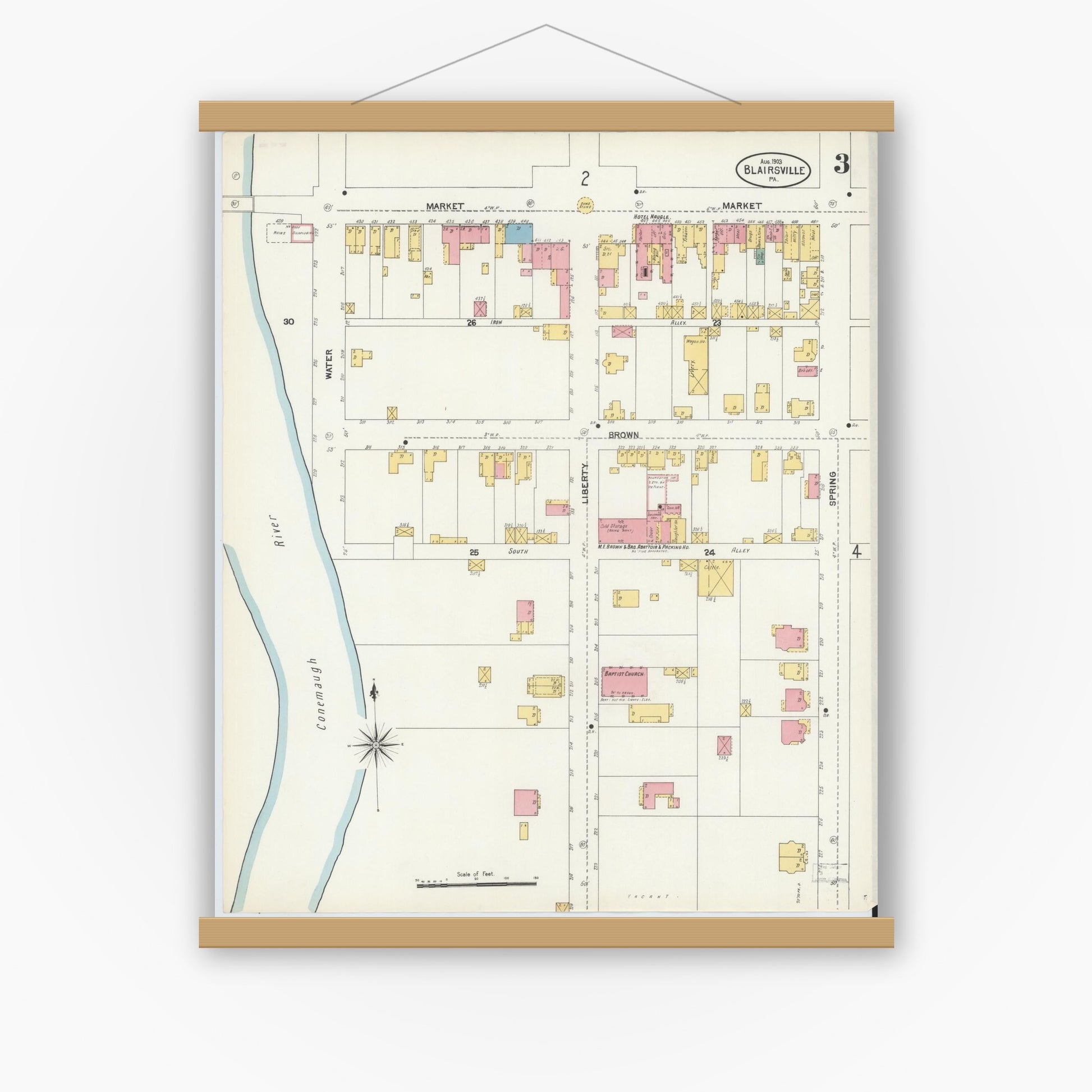 Old map wall art mockup — magnetic wood frame on white wall — Sanborn Fire Insurance Map from Blairsville, Indiana County, Pennsylvania (1903), Sheet #0003