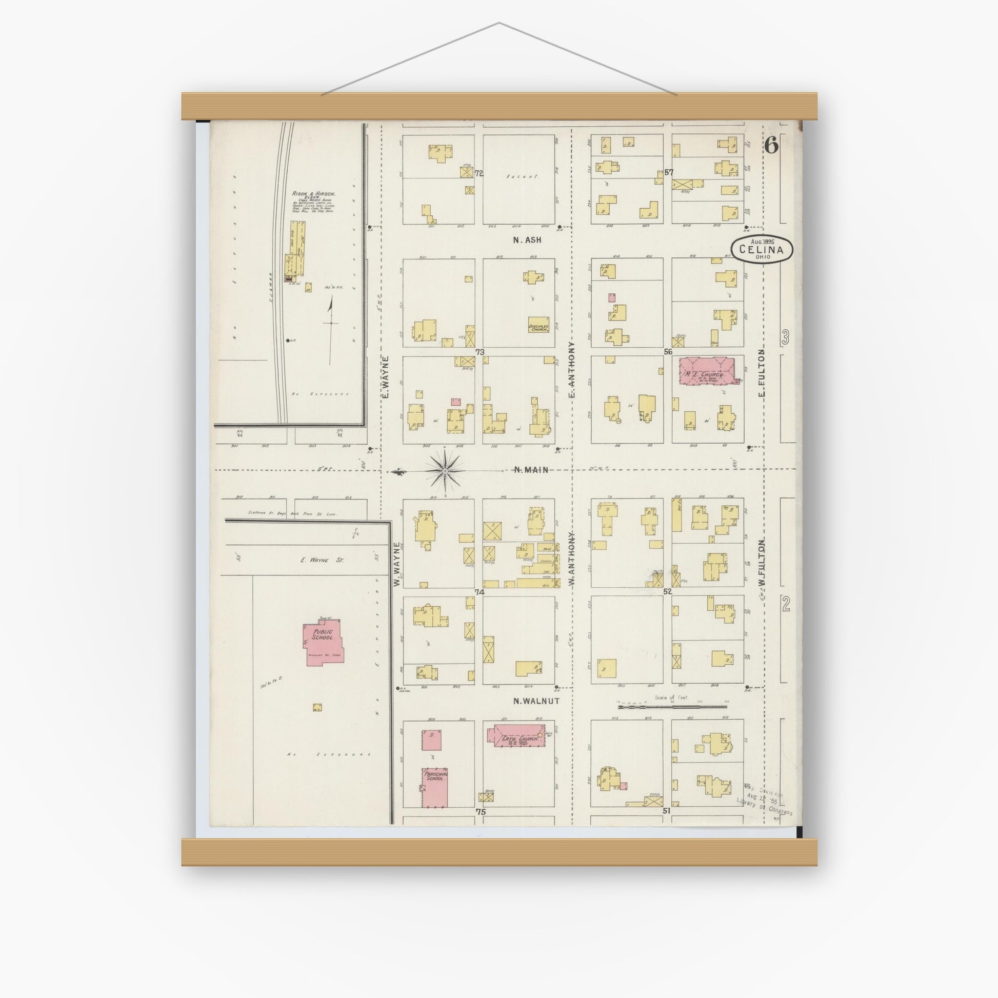 Old map wall art mockup — magnetic wood frame on white wall — Sanborn Fire Insurance Map from Celina, Mercer County, Ohio (1895), Sheet #0006
