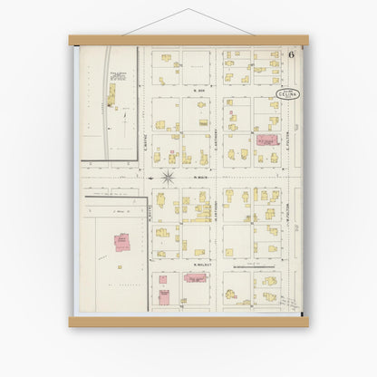 Old map wall art mockup — magnetic wood frame on white wall — Sanborn Fire Insurance Map from Celina, Mercer County, Ohio (1895), Sheet #0006