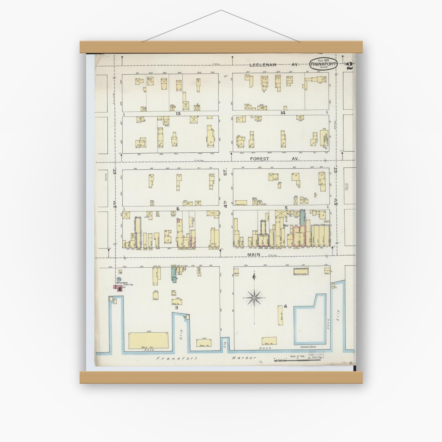 Old map wall art mockup — magnetic wood frame on white wall — Sanborn Fire Insurance Map from Frankfort, Benzie County, Michigan (1893), Sheet #0002