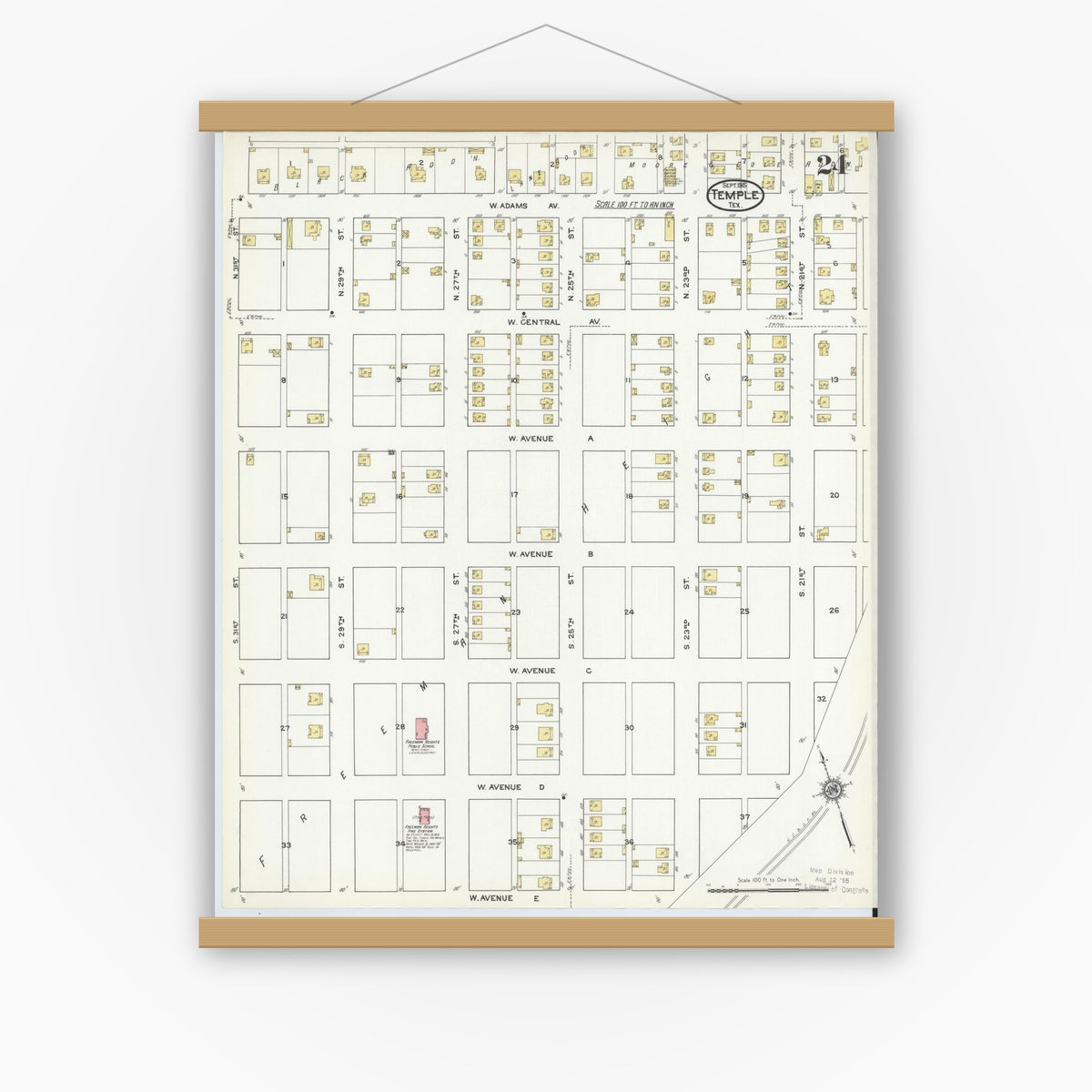 Old map wall art mockup — magnetic wood frame on white wall — Sanborn Fire Insurance Map from Temple, Bell County, Texas (1915), Sheet #0024