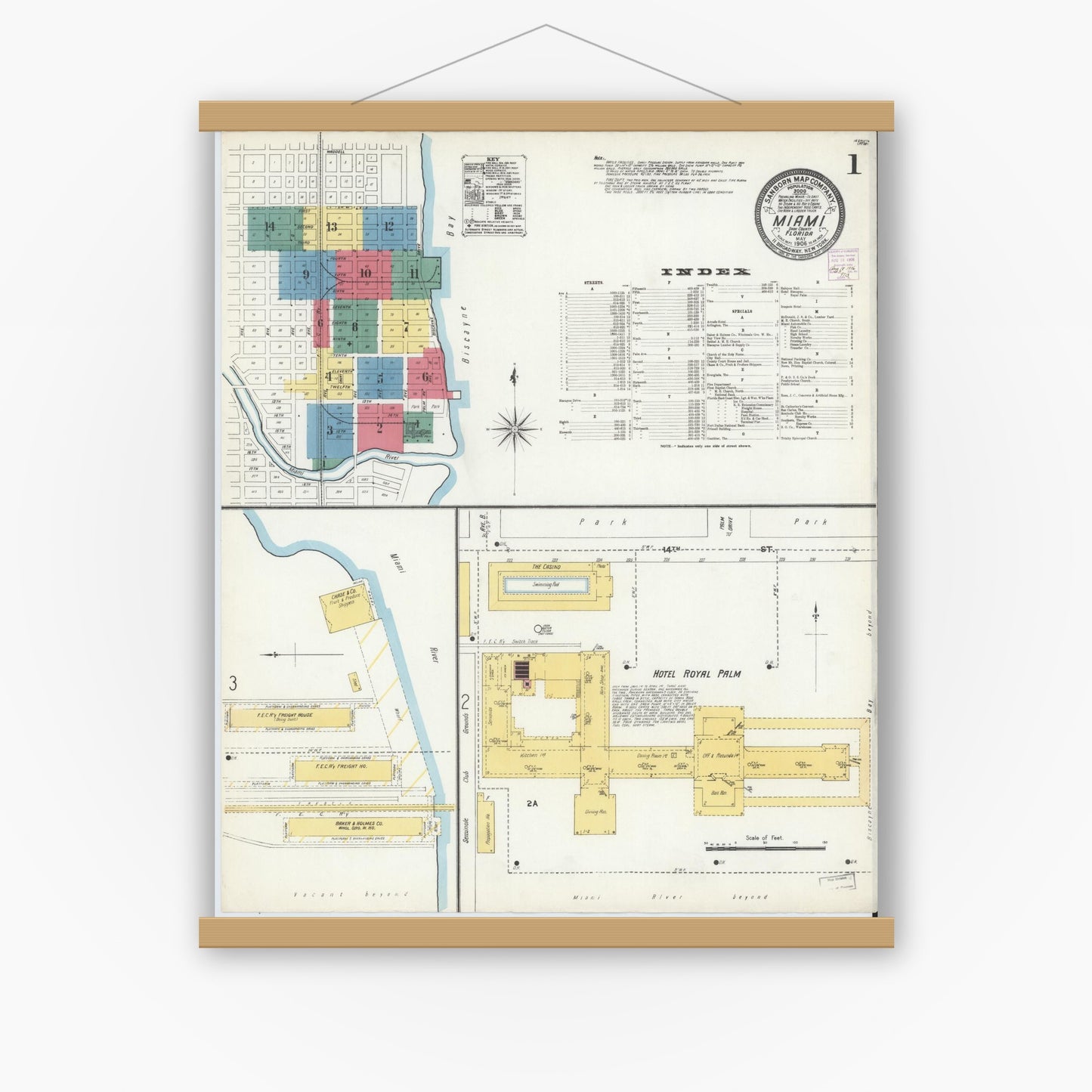 Old map wall art mockup — magnetic wood frame on white wall — Sanborn Fire Insurance Map from Miami, Dade County, Florida (1906), Sheet #0001